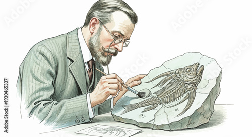 Man Drawing Fossil with Pencil on Paper.