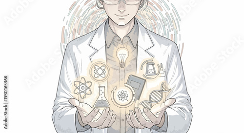 Scientist Holding Chemistry Symbols and Formulas.