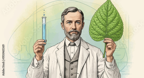 Man holding test tube and leaf.