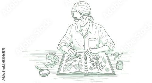 Scientist Examining Plant Specimens in Laboratory Notebook.
