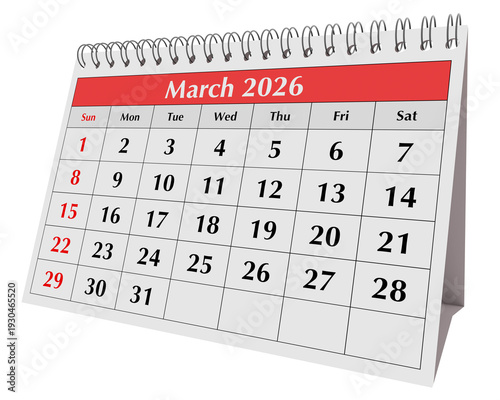 March 2026 annual desk flip calendar page with dates isolated on transparent png background