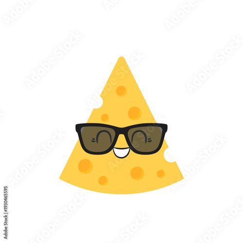 Slice of cheese with sunglasses, cute and fun cartoon character, smiling face, emotions joy delight, dairy product, cheese is an ingredient for pizza and pasta, vector illustration.