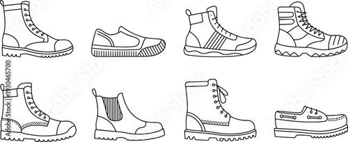 Winter Boots and Casual Shoes Outline Collection Featuring Hiking Ankle Work Footwear Vector Illustration Set Isolated on Gray Background