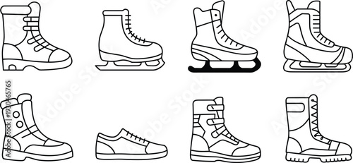 Winter Boots and Ice Skates Outline Collection Featuring Hiking Work Casual Footwear Vector Illustration Set Isolated on Gray Background