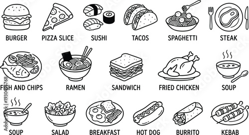 Set of food doodle line icons with meal names vector