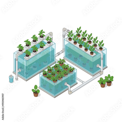 Aquaponics system with fish tanks and growing plants.