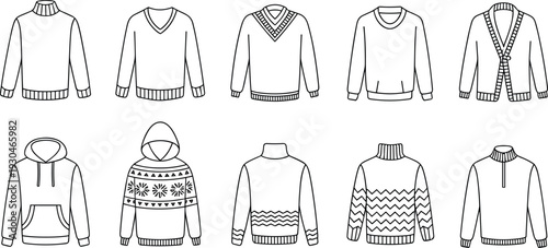 Winter Sweater and Hoodie Outline Collection Featuring Turtleneck Cardigan Pullover and Knitted Pattern Designs Vector Illustration Isolated on Gray Background