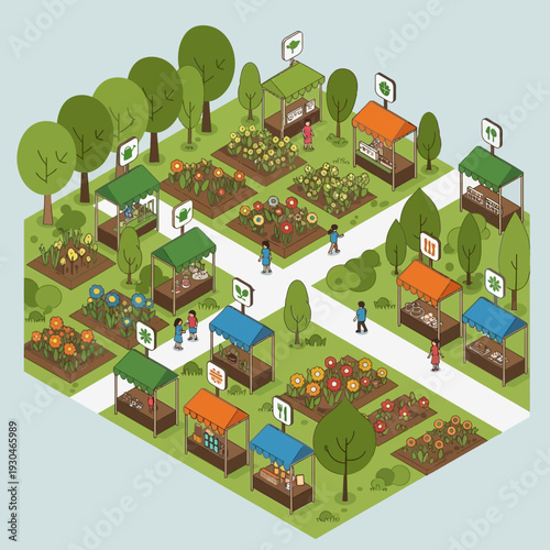 Isometric Community Garden with People and Market Stalls.