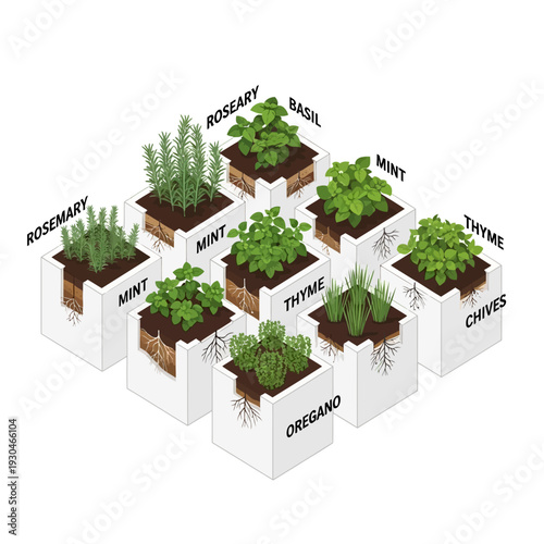 Isometric illustration of various potted herbs with roots and labels.