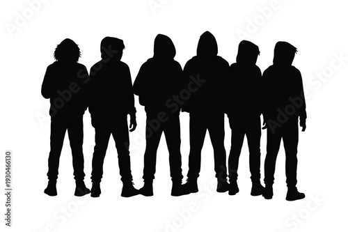 Silhouettes of six people standing closely together in a row