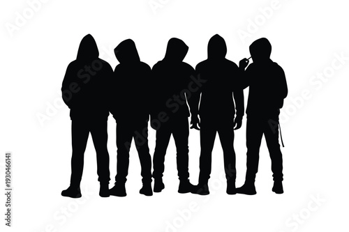 Silhouettes of four people wearing hoodies standing together