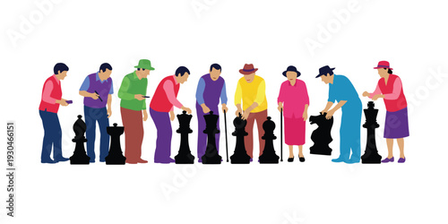 Diverse group of people playing chess outdoors in a stylized illustration