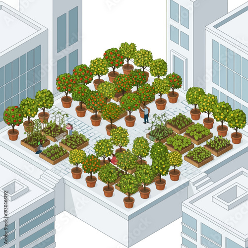 Isometric Urban Rooftop Garden with Lush Greenery and People.