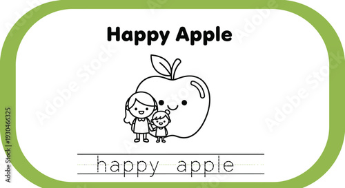 Happy Apple and Kids Learning to Write "Happy Apple" - Educational Illustration