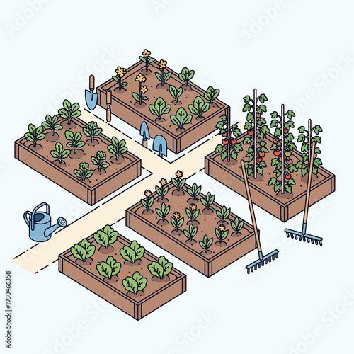Isometric view of a vibrant vegetable garden with raised beds.