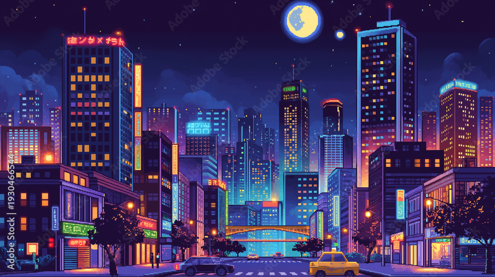 Obraz premium 満月が照らす都市夜景を表現したピクセルアートイラスト、ドット絵で描く高層ビル群と輝く街路、レトロポップな雰囲気、動画サムネイル、配信画面、広告、ポスターに活用できる背景デザイン素材