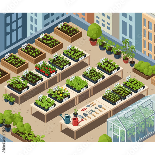 Rooftop garden with various plants and gardening tools.