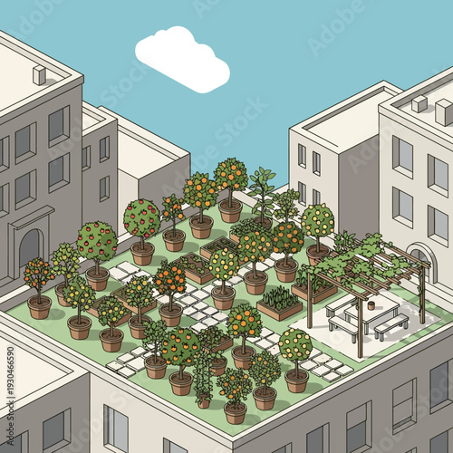Rooftop garden with various potted trees and a picnic area.
