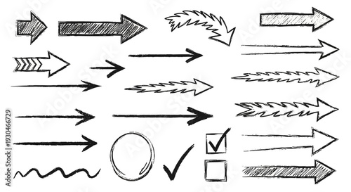 Versatile collection of hand-drawn sketch arrows, diverse directional pointers, and essential check marks with a textured, artistic flair for modern design concepts and user interface elements