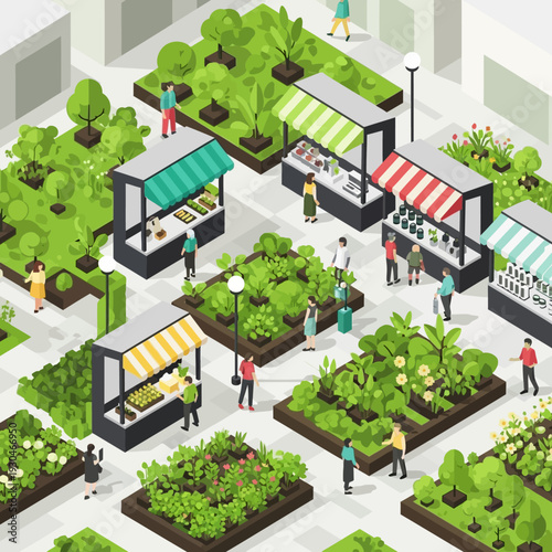 Urban community garden with people shopping at market stalls.
