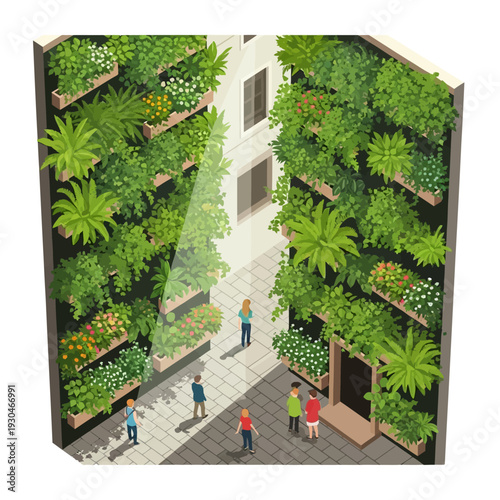Urban Alley with Lush Vertical Gardens and Pedestrians.