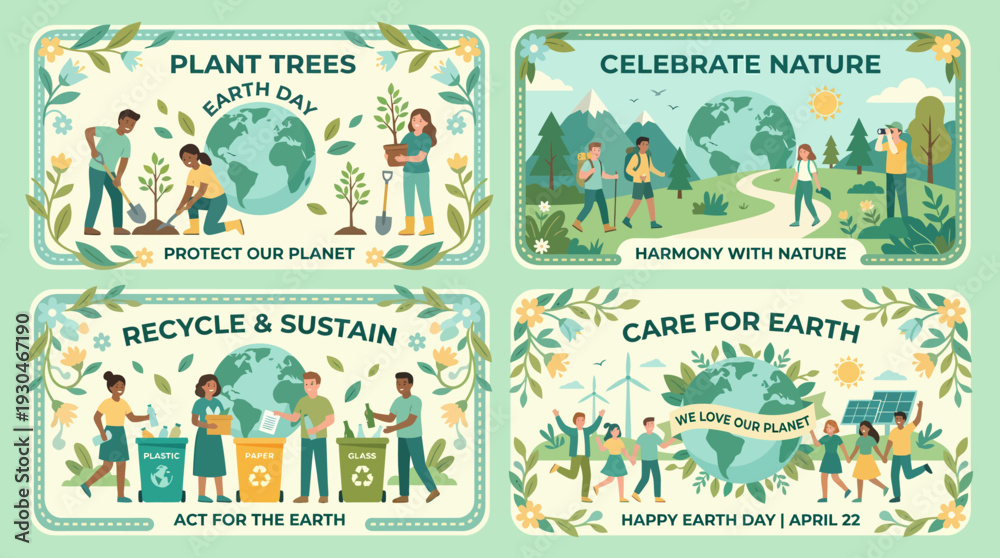 Obraz premium Earth Day Celebration Planting Trees Recycling and Caring for Nature.