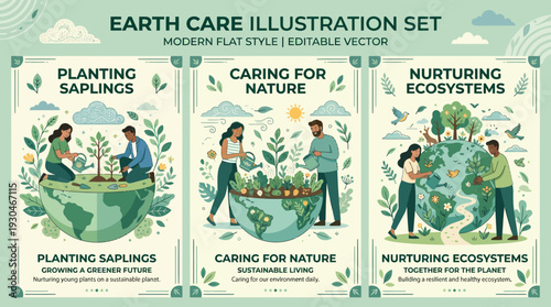 Earth Care Illustration Set Planting Caring and Nurturing Ecosystems.