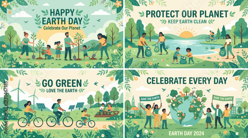 Earth Day Celebration Planting Trees Cleaning Planet Go Green.