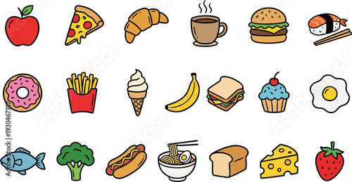 Food doodle Icons Set Vector Fast Food Healthy Snacks