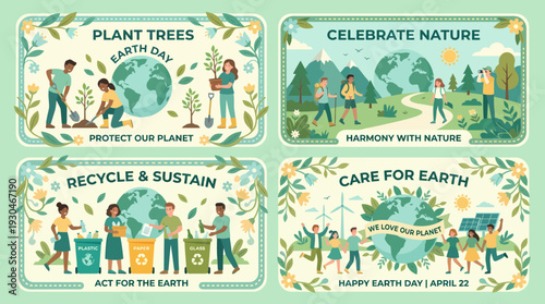 Earth Day Celebration Planting Trees Recycling and Caring for Nature.