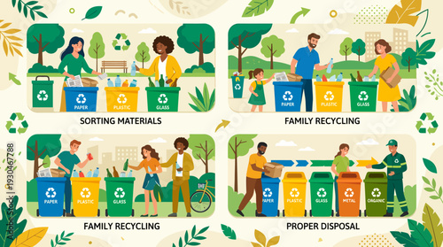 Illustrations of families and individuals sorting and disposing of recyclable materials.