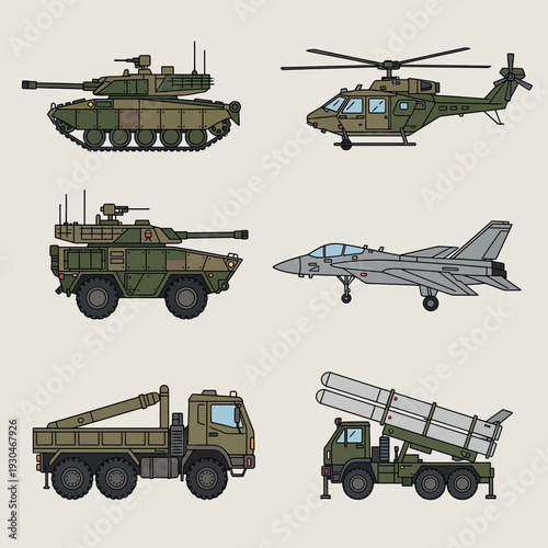 Military vehicles and aircraft displayed in various poses on a neutral background from a straightforward viewpoint