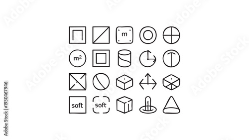 Collection of simple geometric shapes and symbols in vector graphic illustration design for various applications