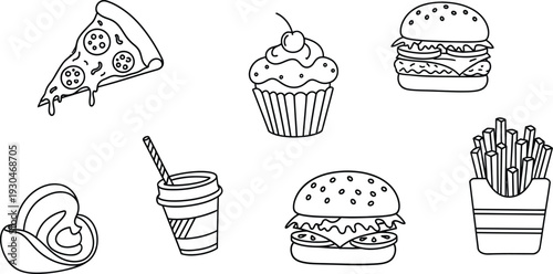 Fast food icons doodle set vector burger pizza cupcake and fries