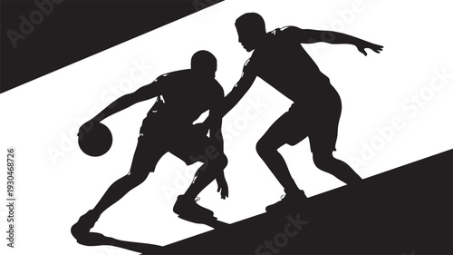 Dynamic vector illustration of two basketball players competing for possession of the ball in a modern graphic design
