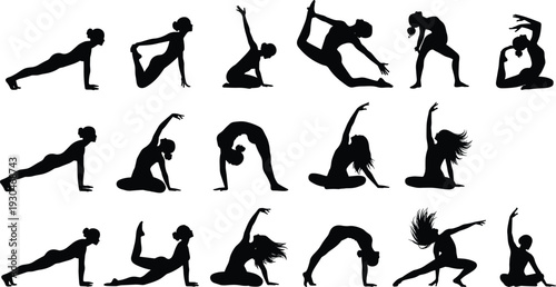 Yoga silhouette set vector illustration woman practicing different asanas isolated on white background fitness and wellness collection design