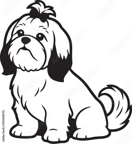 Cute cartoon shih tzu dog sitting and looking forward with a bow on its head Vector, illustration