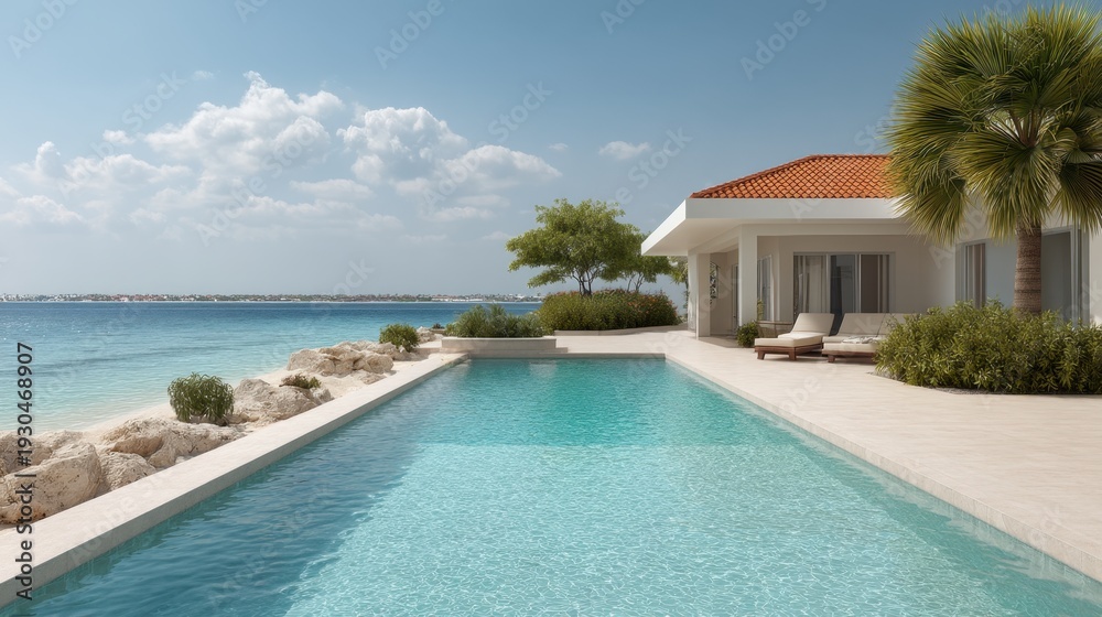 Fototapeta premium Modern beachfront villa with serene pool overlooking ocean waves and tropical landscape under bright blue sky and fluffy clouds