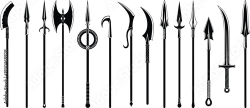 Black and white medieval polearm and sword collection vector illustration isolated on gray background fantasy weapons set silhouette design for stock art