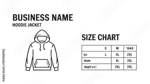 Customizable vector graphic illustration featuring a blank line art hoodie jacket mockup design alongside a clear, editable size chart template for apparel branding and e-commerce.