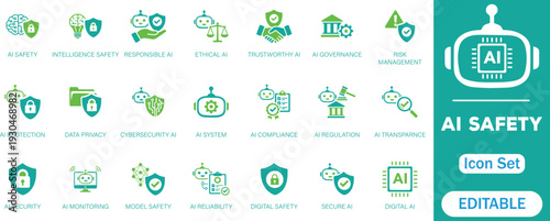  AI Safety and Ethics solid Icon Set featuring artificial intelligence security, compliance, data privacy, regulation, governance, and risk management flat vector icons for tech design collections.
