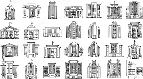 Vector illustrations of various public and official buildings. Hand-drawn architectural sketches of government, university, and business centers in a classic line art style.