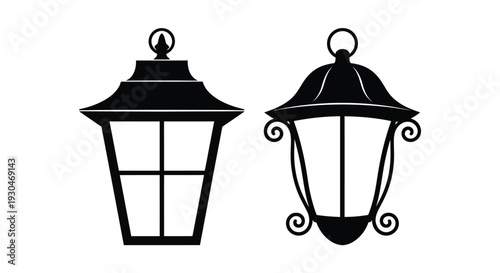 Two antique lanterns depicted in a stark black silhouette