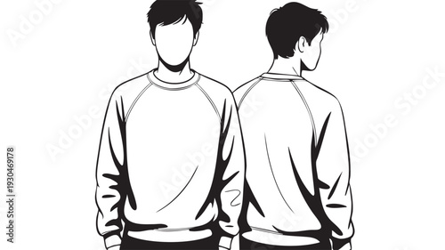 Vector illustration mockup featuring a male figure wearing a basic crewneck raglan sleeve sweatshirt viewed from front and back aspects