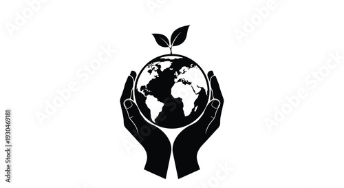 Hands cradling earth with sprout representing global care silhouette