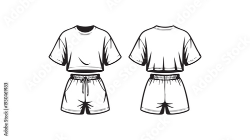 Black and white vector illustration of a t-shirt and shorts outfit, front and back views, for fashion design and apparel