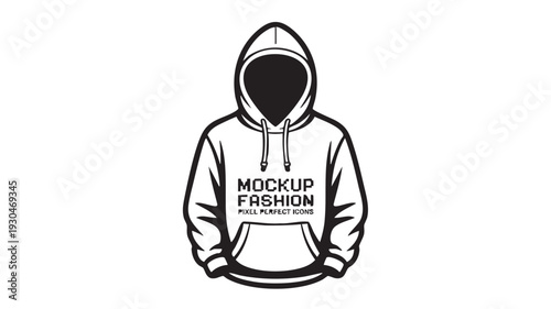 Vector graphic illustration of a white hooded sweatshirt with drawstrings and text mockup fashion on the front, perfect for design and apparel branding purposes.