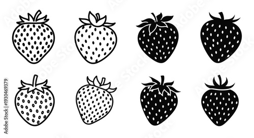 Variety of strawberry illustrations in a black and white silhouette