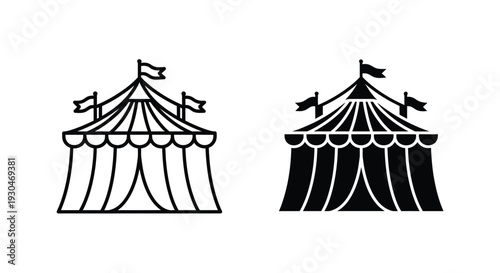 Two black and white circus tents one outlined a striking silhouette