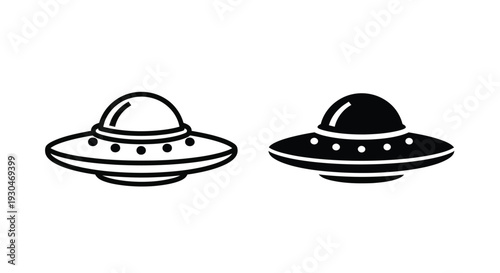Two black ufo illustrations with a modern minimalist silhouette